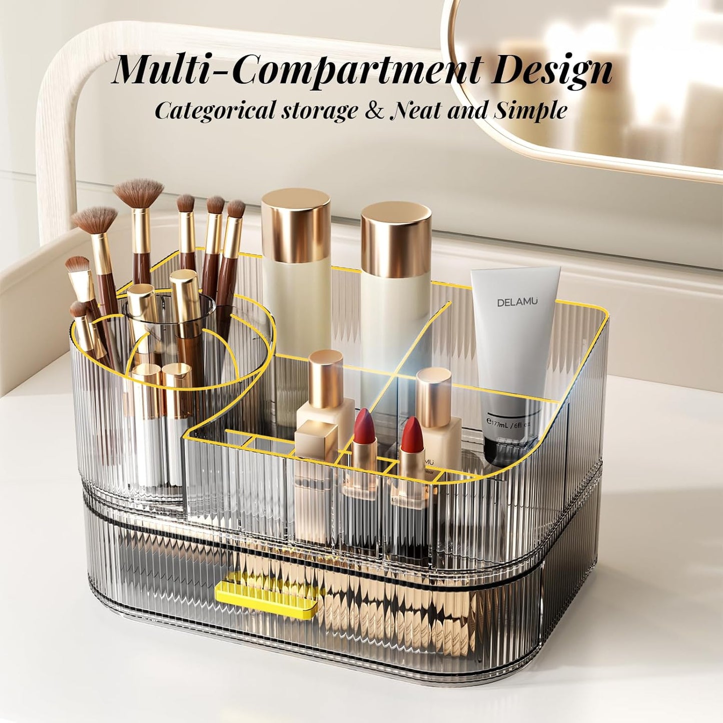Makeup Organizer for Vanity with Stackable Drawers, 360 Rotating Makeup Brush Holder Large Cosmetic Display Case for Dresser, Bathroom Countertop Skincare Organizers and Storage, Crystal Black