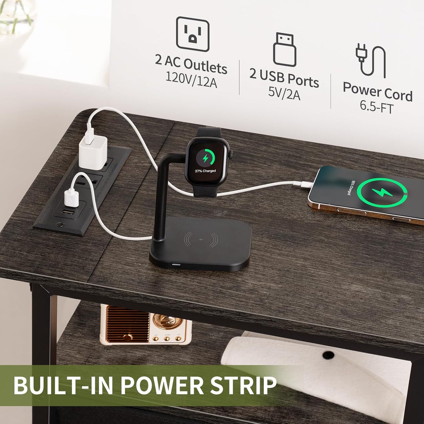 End Table with Charging Station, Narrow Side Table with Adjustable Fabric Drawer, 3-Tier End Tables Living Room, Small Nightstand with Outlets, LED Skinny Night Stand for Bedroom Small Spaces