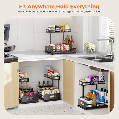 2 Pack Metal under Sink Organizers and Storage, 2 Tier Pull Out under Cabinet Organizer for Kitchen Bathroom, Adjustable under Sink Shelf for under Counter Storage Organizer, Black