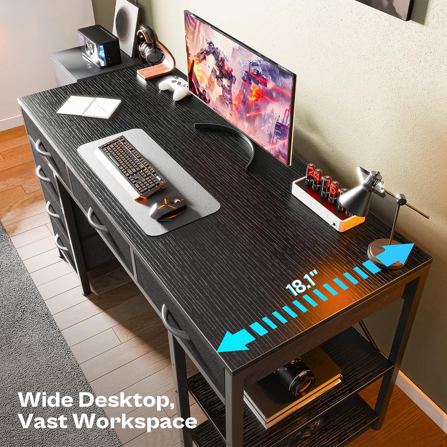 47-Inch Computer Desk with 6 Drawers and Shelves, Versatile Reversible Gaming and Corner Desk with Storage for Home Office, Study, and Living Room, Black