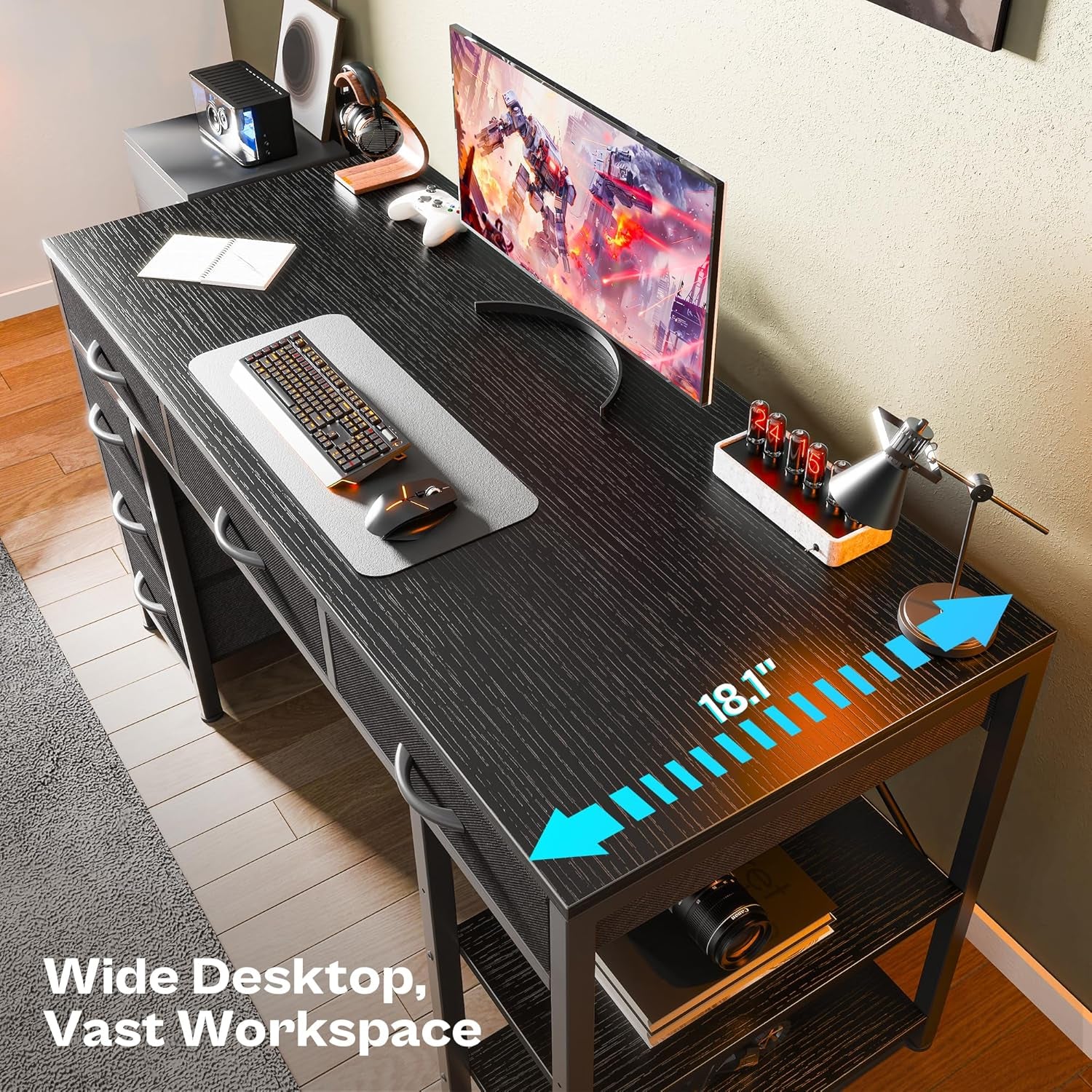 47-Inch Computer Desk with 6 Drawers and Shelves, Versatile Reversible Gaming and Corner Desk with Storage for Home Office, Study, and Living Room, Black