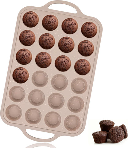 Mini Silicone Muffin Pans for Baking with Metal Reinforced Frame, 24 Cups Brown Regular Size Nonstick Cupcake Pan, BPA Free Oven Dishwasher Safe Baking Mold for Muffins Cupcakes