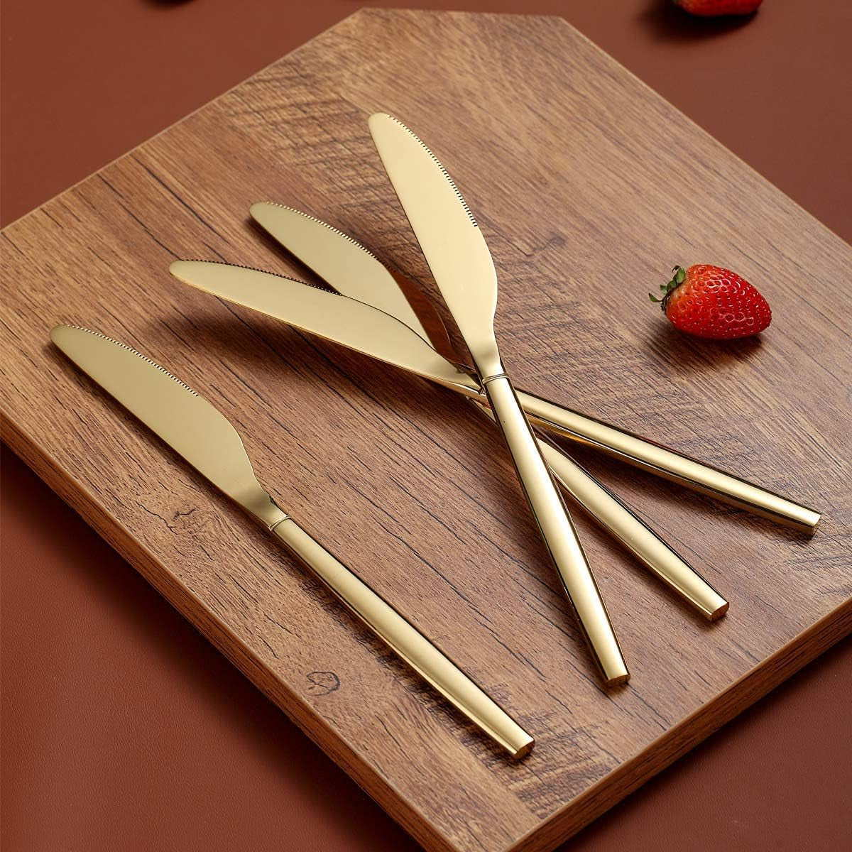Set of 4 Titanium-Plated Gold Stainless Steel Dinner Knives - Dishwasher Safe Butter Knives