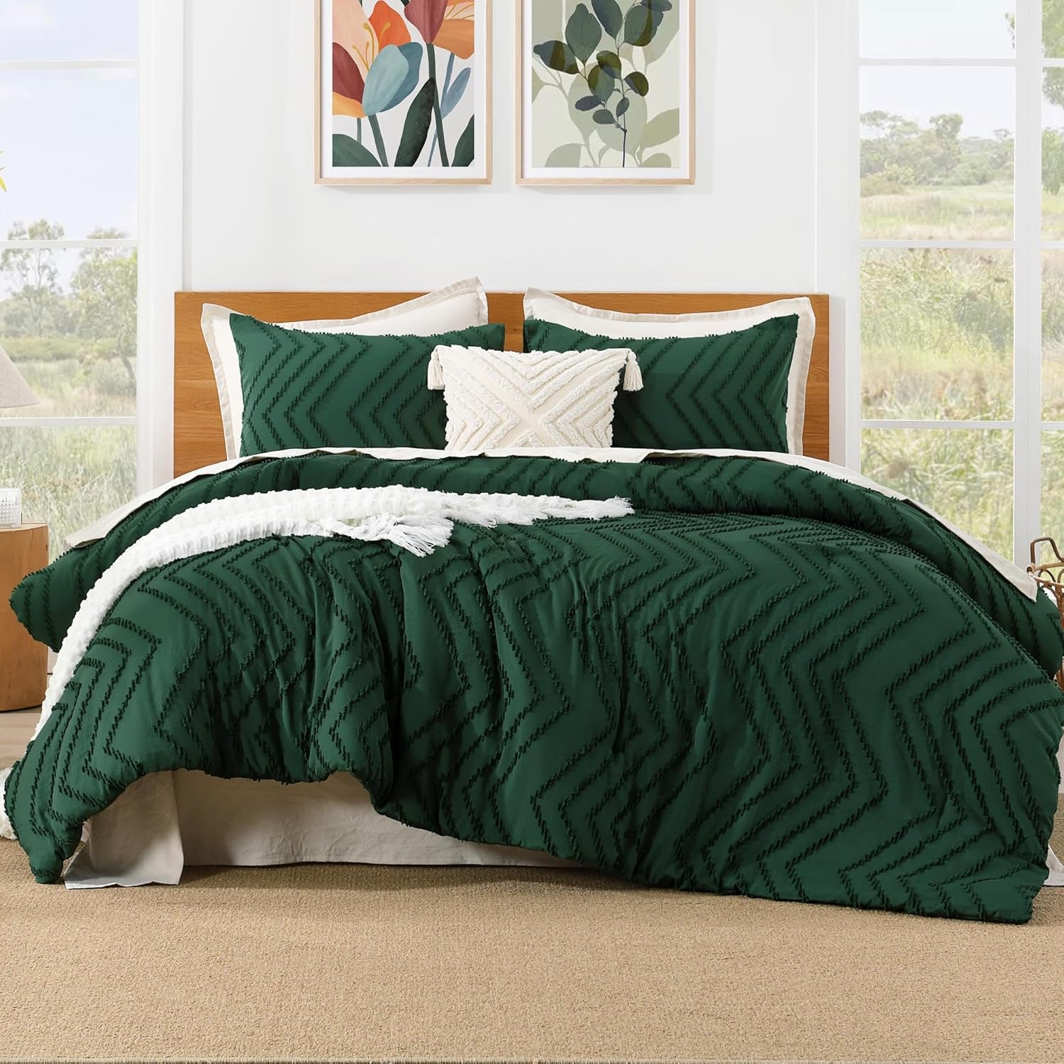 King Size Comforter Set Dark Emerald Green, 3 Pieces Lightweight Fluffy Comforter King Size Boho Tufted Comforter Bed Set Gift Choice