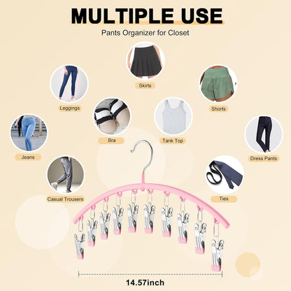 Metal Yoga Pants Hangers 1 Pack W/10 Clips Holds 10 Leggings, Space Saving Hanging Closet Organizer W/Rubber Coated Closet Organizers and Storage, Pink