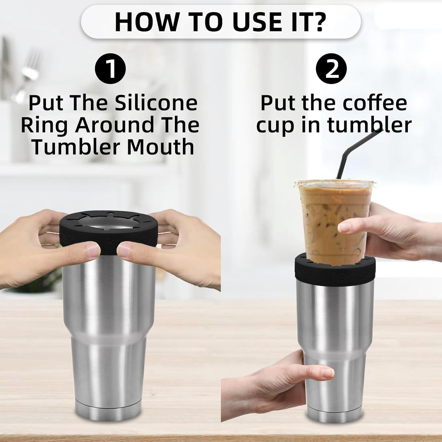 Silicone Ring for 30 Oz Stainless Steel Tumbler,Reusable Iced Coffee Sleeve for Stainless Steel Tumbler,For 30Oz Yeti,Rtic,Bjpkpk,For the Cup Mouth Diameter 3.9-4 Inch (Black)