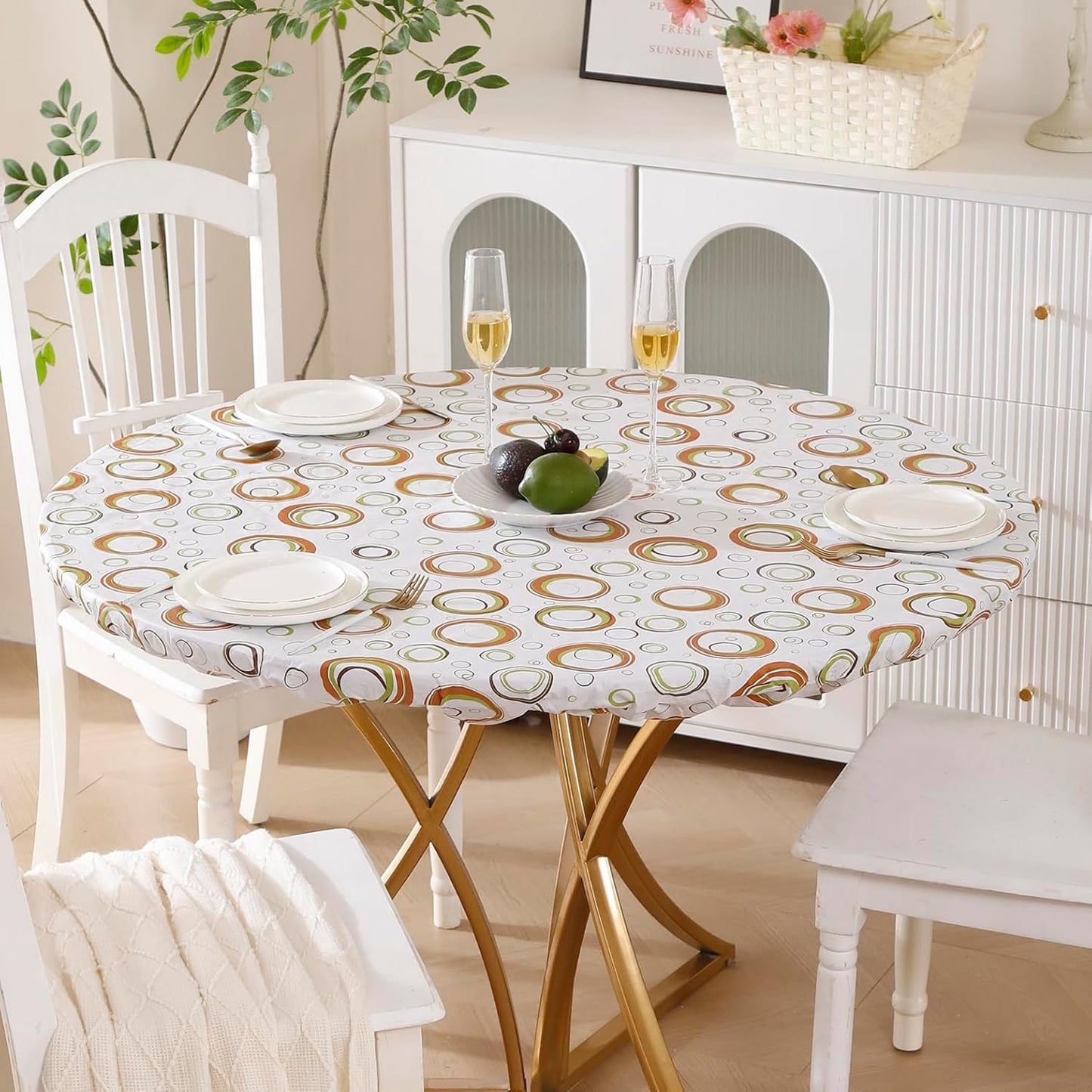 Round Vinyl Fitted Tablecloth with Flannel Backing Elastic Edge Design Table Cover Waterproof Oil-Proof PVC Table Cloth Stain-Resistant Best for 32"-36" Round