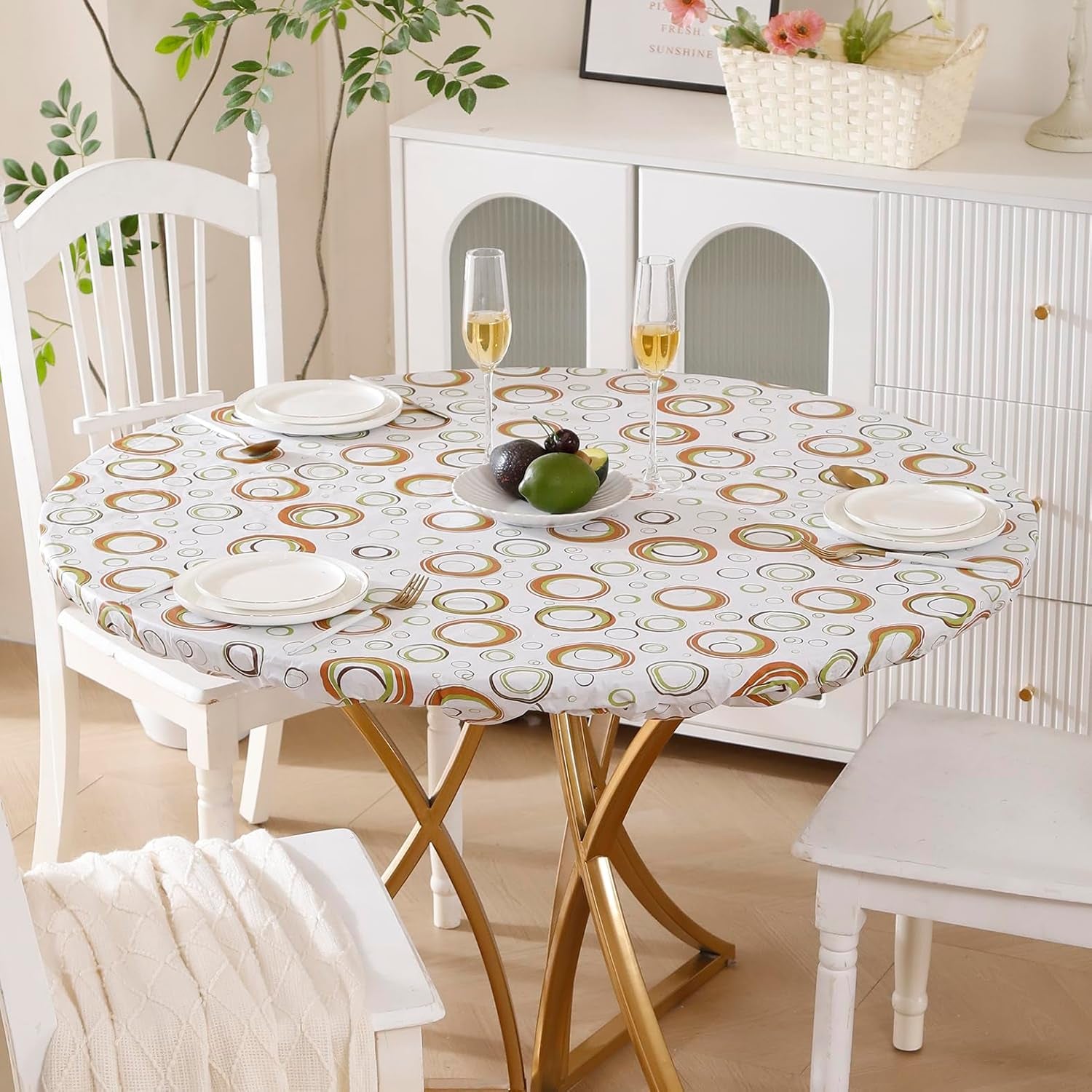 Round Vinyl Fitted Tablecloth with Flannel Backing Elastic Edge Design Table Cover Waterproof Oil-Proof PVC Table Cloth Stain-Resistant Best for 32"-36" Round