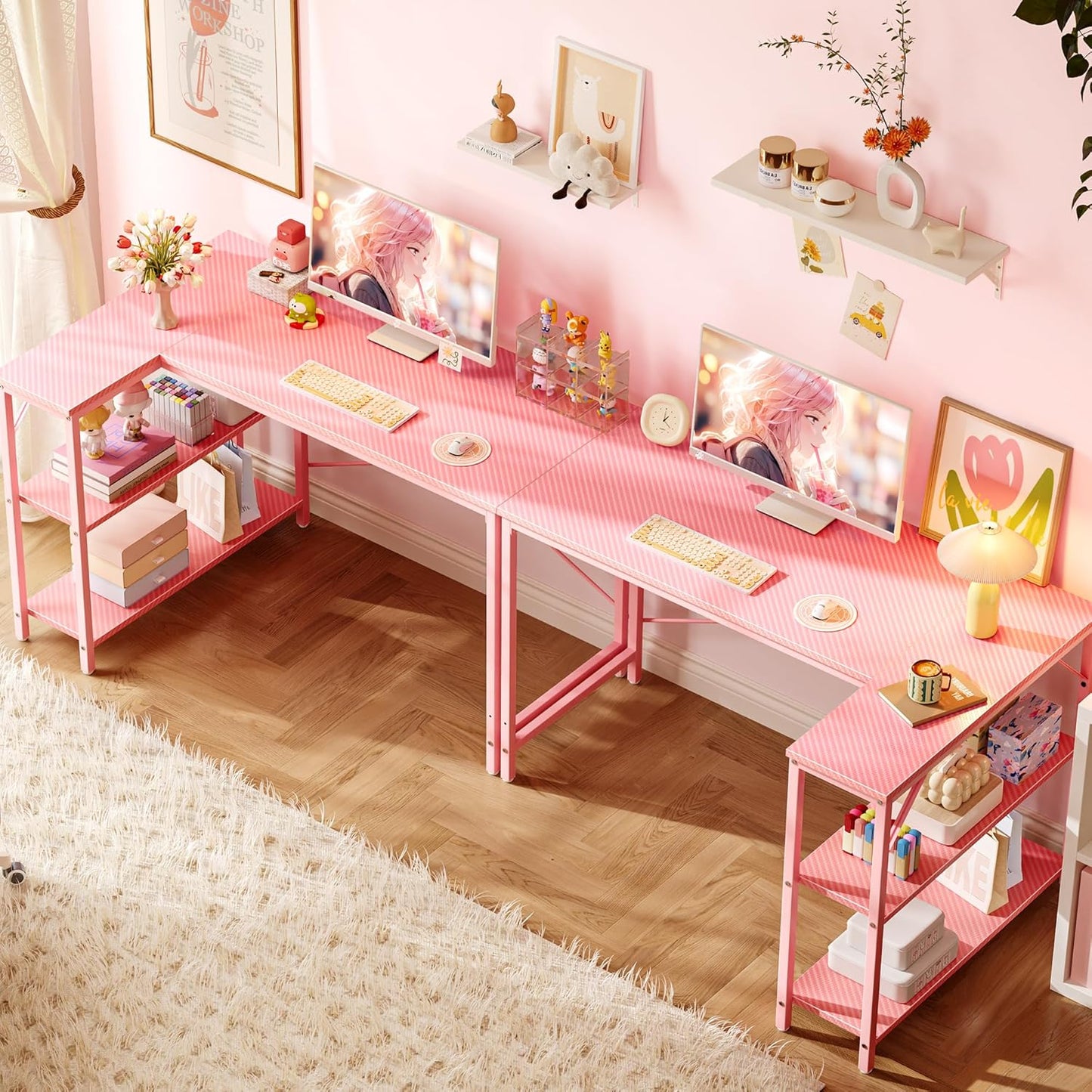 L-Shaped 47-Inch Computer Desk with Reversible Storage Shelves, Corner Gaming and Writing Desk for Home Office, Metal Frame, Pink