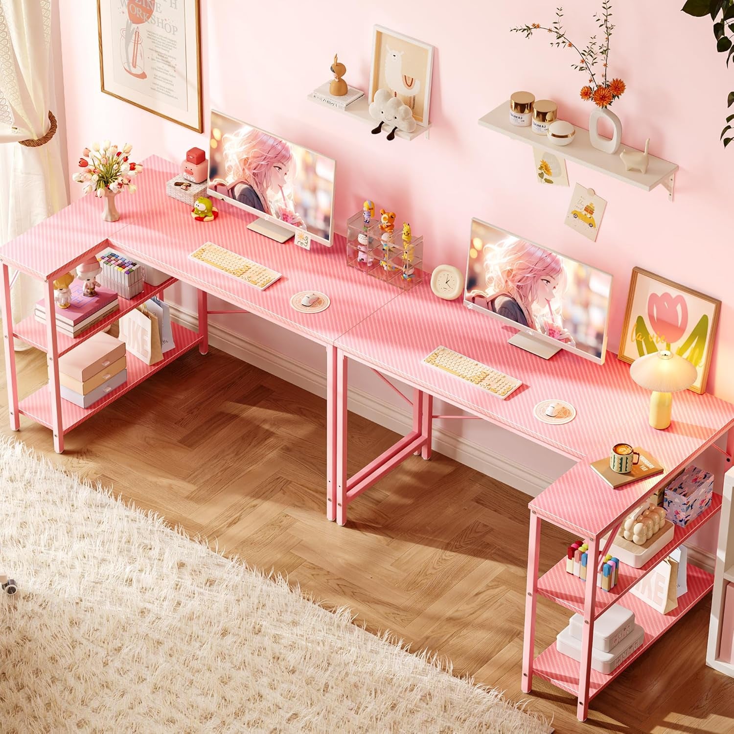 L-Shaped 47-Inch Computer Desk with Reversible Storage Shelves, Corner Gaming and Writing Desk for Home Office, Metal Frame, Pink