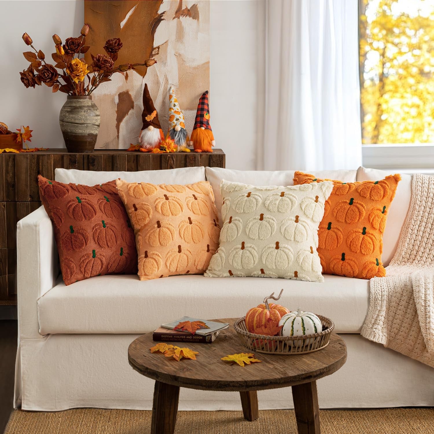 Fall Pumpkin Throw Pillow Covers Decor Set of 2 Beige Brown Stem 18 X 18 Decorative Cushion Covers Soft Plush Faux Fur Couch Pillows for Autumn Harvest Outdoor Porch Farmhouse Halloween Home