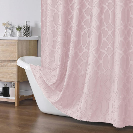 Blush Stall Shower Curtain Set 36X72 Inches, Jacquard Geometric Textured Tufted Fabric Shower Curtains for Bathroom, Boho Half Size RV Shower Curtains with 12 Plastic Hooks