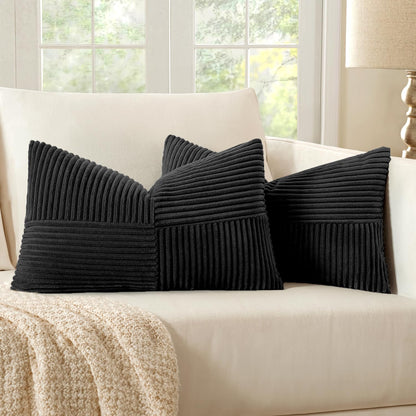 Black Corduroy Decorative Pillow Covers Set of 2, Bohemian Style Spliced Throw Pillowcases, Soft Solid Couch Cushion Covers with Cross Patchwork Texture for Living Room and Bedroom, 12x24 Inches