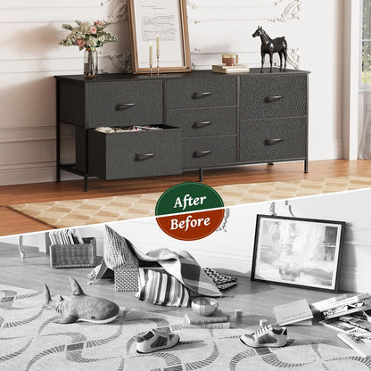 Bedroom Dresser and TV Stand Combo, 55-Inch Unit for 43-60 Inch TVs, Long Fabric Storage Solution with 7 Drawers, Black