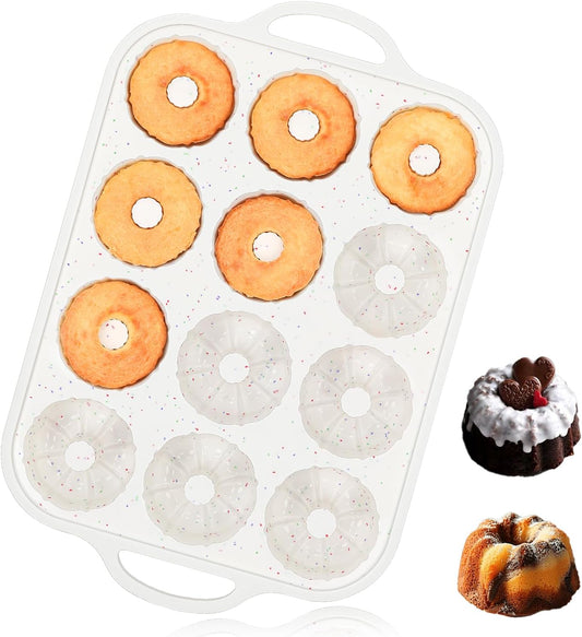 Silicone Mini Fluted Tube Cake Pans with Metal Reinforced Frame, 12-Cavity Mini Flan Molds, Non-Stick Cupcakes Pans for Baking, Donuts, Muffins, Cornbread, Brownies, Jellies