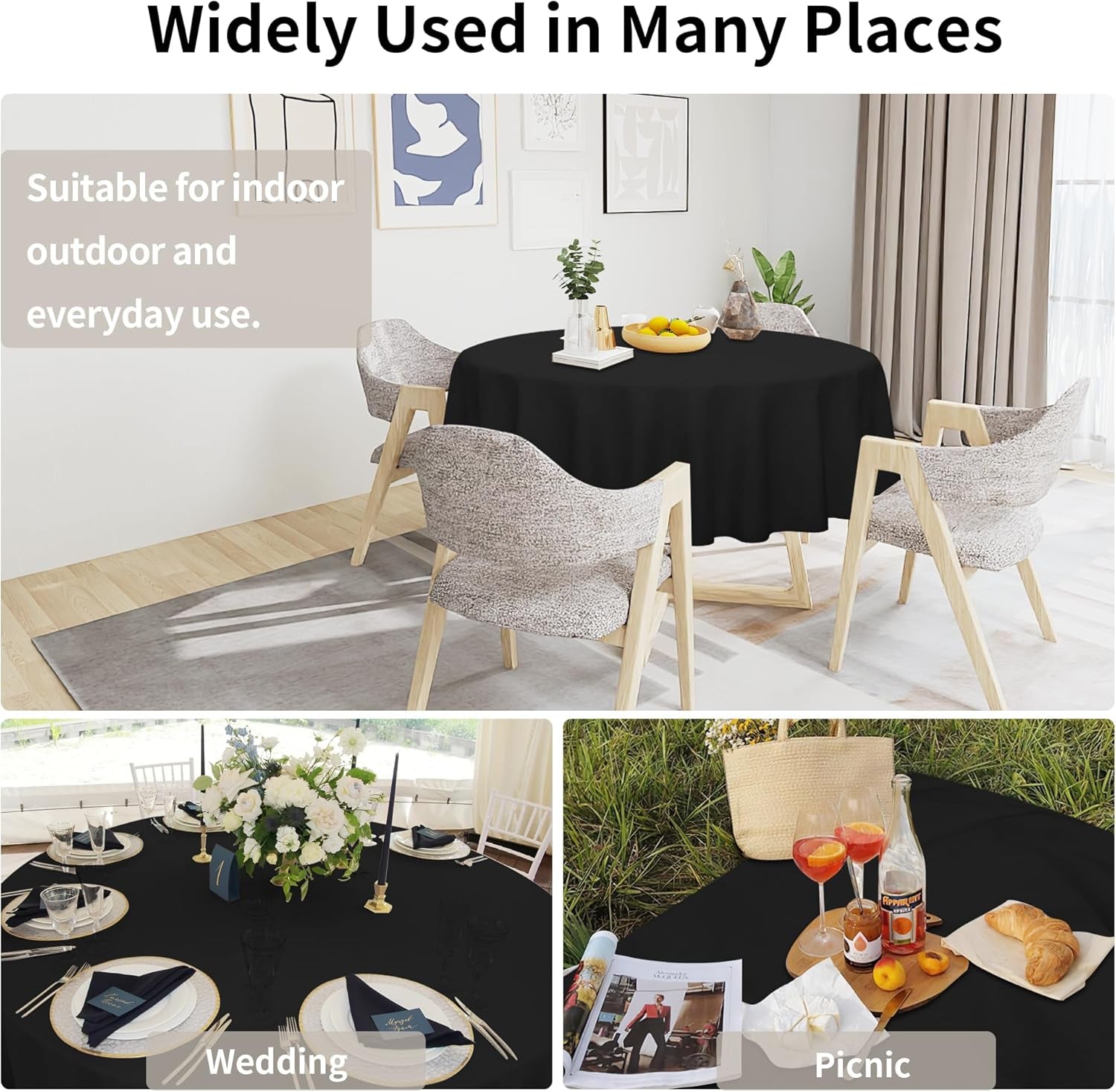 Faux Linen Waterproof Spill-Proof Tablecloth Stain Resistant round Table Cloth Wrinkle Free Decorative Fabric for Kitchen, Dining, Party, Weddings, Restaurants (70 In-Round, Black)