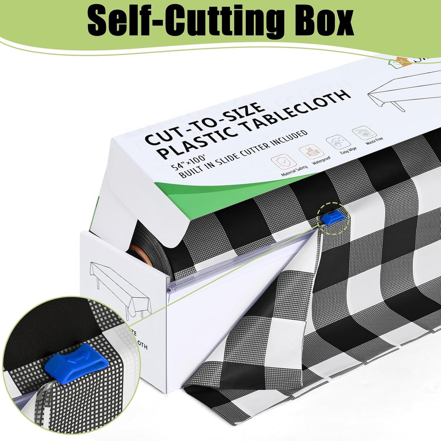 54 Inch X 100 Feet Disposable Table Cover Roll, Black & White Plastic Table Cloth in Cut-To-Size Box with Slide Cutter, Waterproof Rectangle Tablecloths for Weddings, Banquets, Outdoor