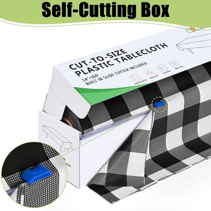 54 Inch X 100 Feet Disposable Table Cover Roll, Black & White Plastic Table Cloth in Cut-To-Size Box with Slide Cutter, Waterproof Rectangle Tablecloths for Weddings, Banquets, Outdoor