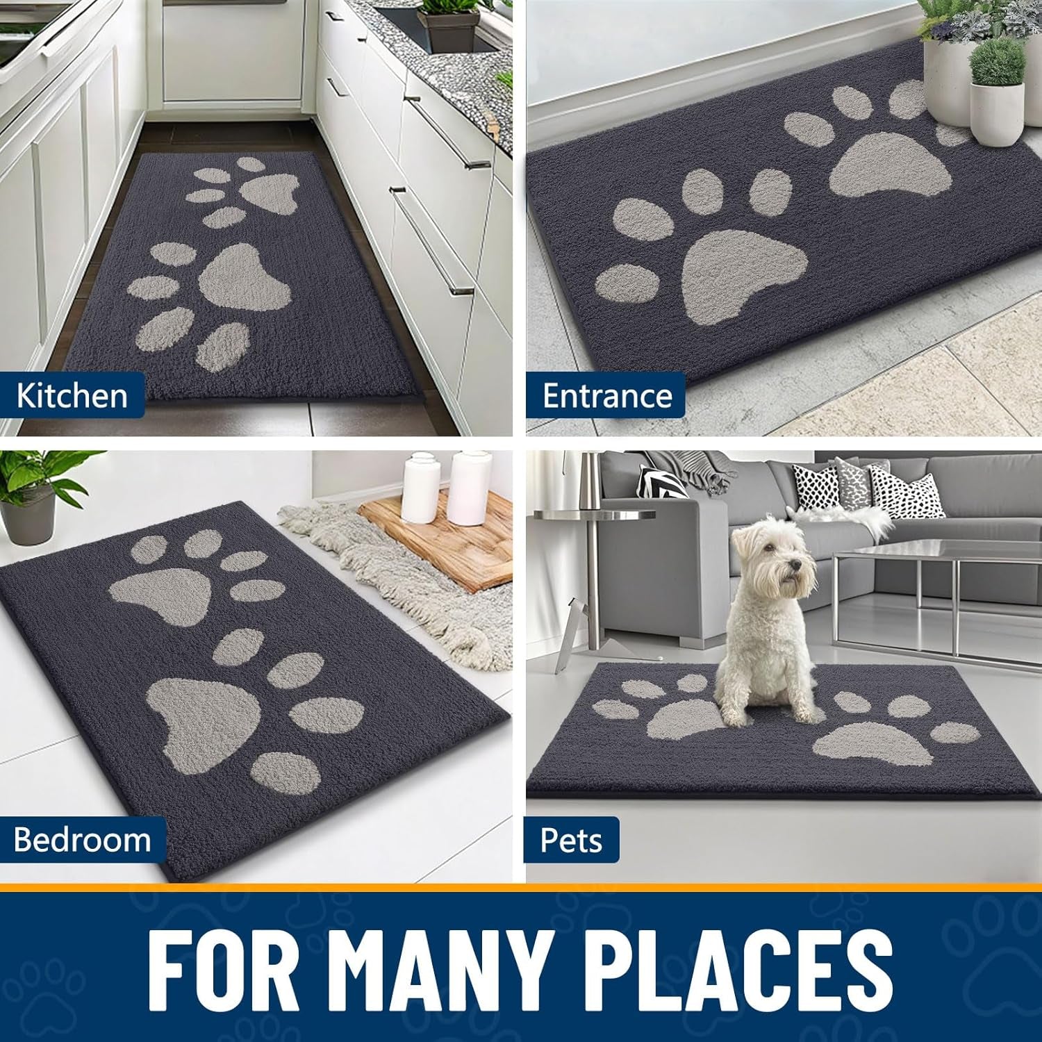 Dog Door Mat for Muddy Paws 30X20, Dirt Trapper Non Slip Washable Indoor Doormats, Absorbent Entryway Carpet for inside Floor, Dark Grey
