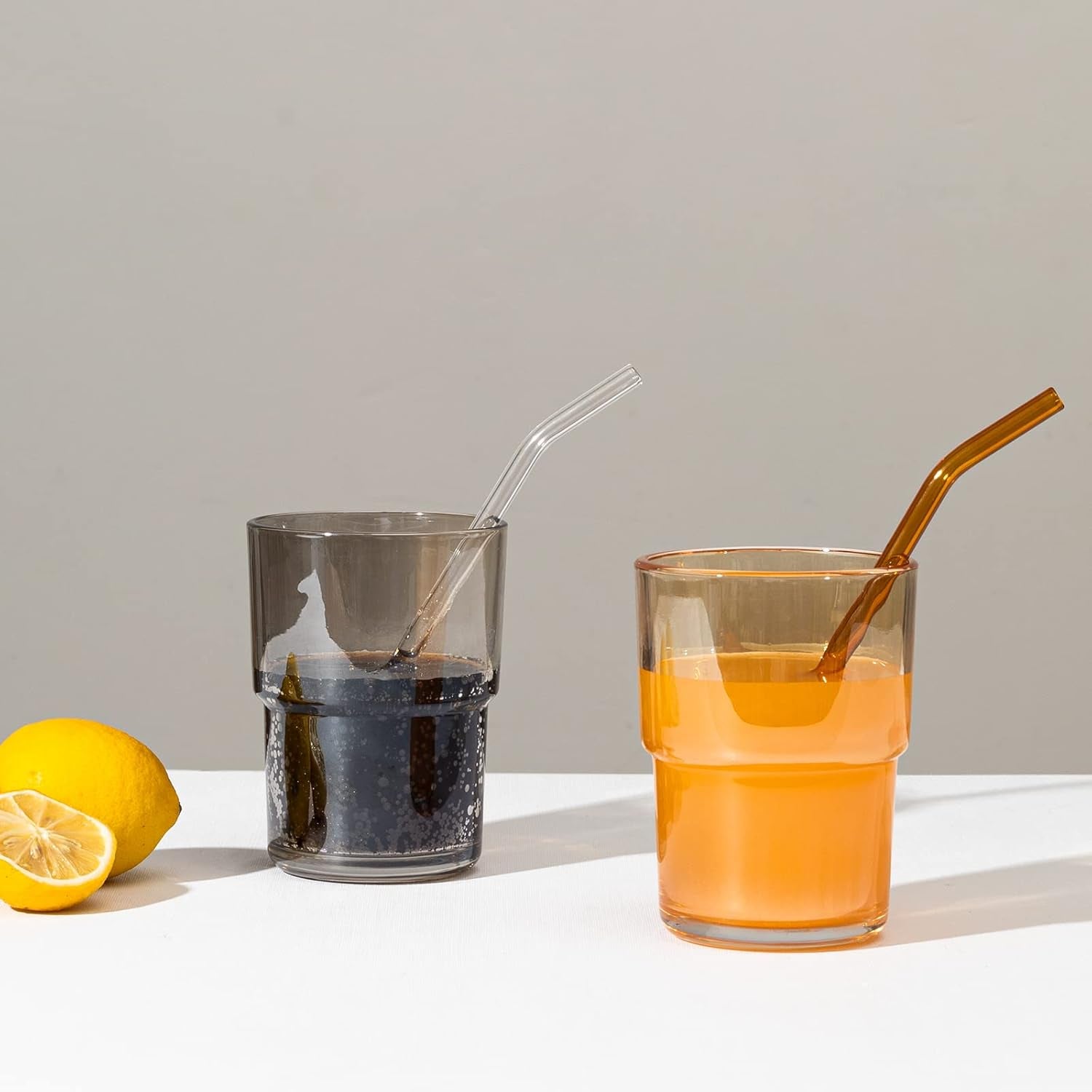 4-Pack Reusable Glass Straws,Size 8''X 8 Mm,Clear/Amber Glass Straws, 2 Straight and 2 Bent with 1 Cleaning Brush Glass Straw Set-Perfect for Smoothies, Milkshake, Iced Coffee,Juice,Tea