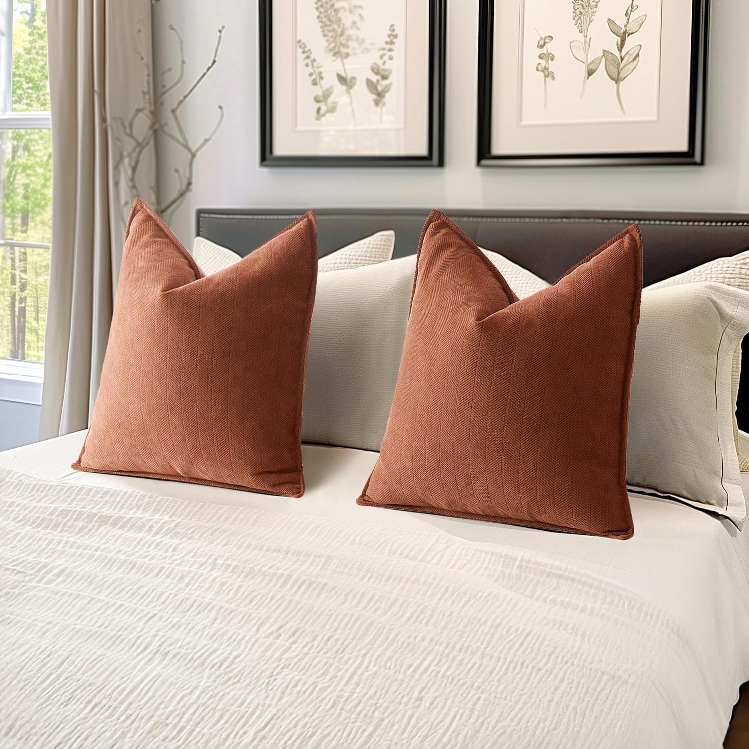 Pack of 2 Burnt Orange Decorative Pillow Covers 18X18 Inch Fall Soft Chenille Luxurious Couch Throw Pillows Farmhouse Cushion Covers with Elegant Design for Sofa Bedroom Living Room Home Decor