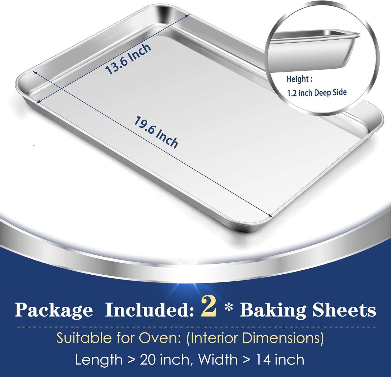 Baking Cookie Sheet Set of 2, 19.6 Inch Stainless Steel Cookie Sheet Pan, Large Baking Pan Bakeware, Heavy Duty & Healthy, Oven & Dishwasher Safe