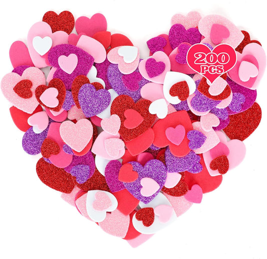 200 PCS Valentines Day Stickers, Foam Heart Valentine Decor, Self-Adhesive Foam Heart Stickers, 3 Sizes Foam Hearts for Crafts Glitter Foam Valentine Stickers for Envelop Invitations Card Making