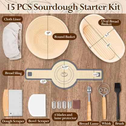 Sourdough Bread Baking Supplies, 9” round & 10” Oval Sourdough Proofing Baskets Starter Kit, Bread Making Tool Set with Cloth Liner Bread Lame Scraper Brush Dough Whisk