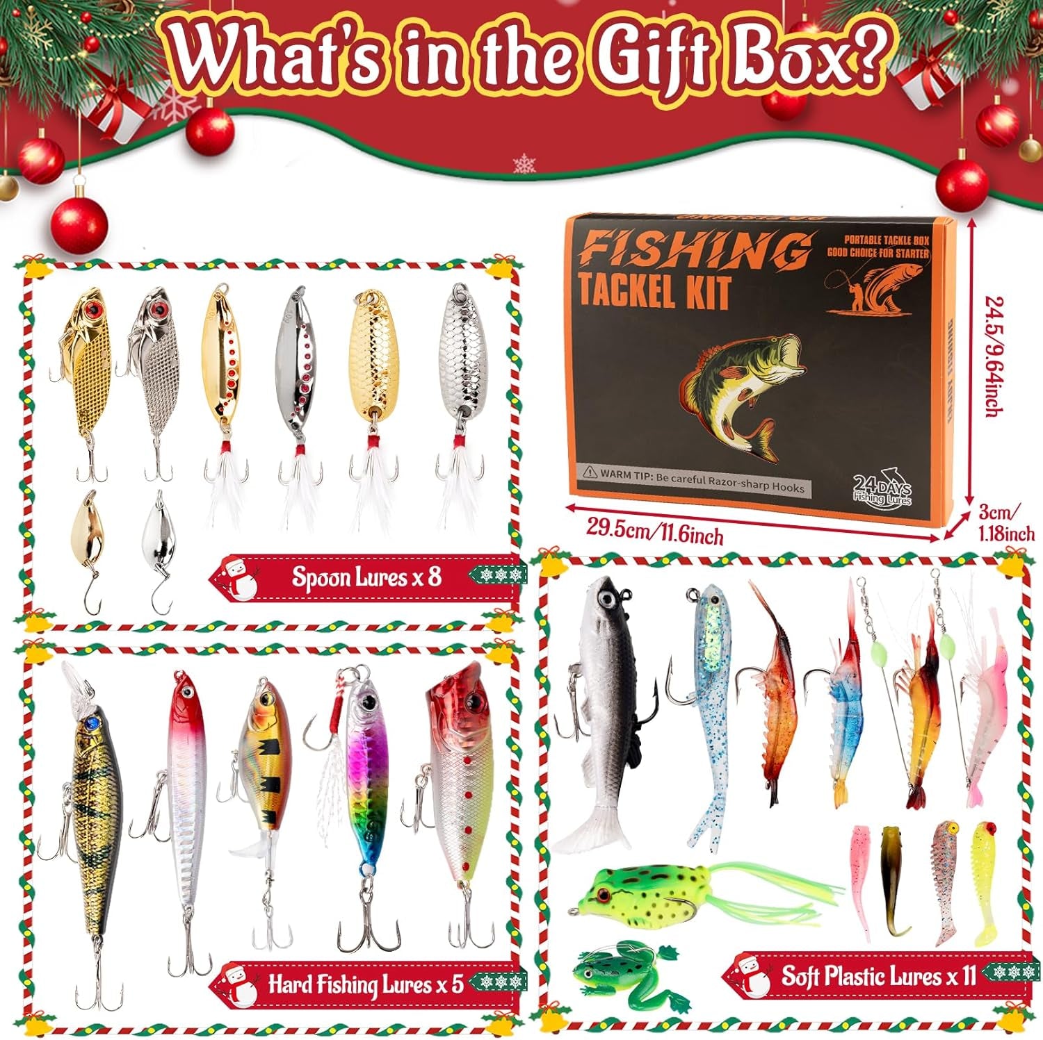 24 Days Fishing Lure Advent Calendar 2025 for Men & Teen Boys, 24 Unique Artificial Baits for Fresh/Saltwater | Christmas Countdown Gift for Anglers (Crankbaits, Poppers, Minnows, Jigs, Frog Lures)