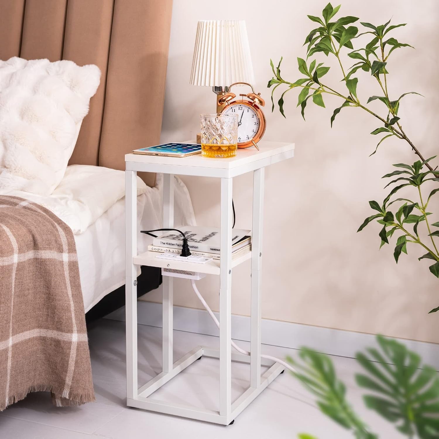 C Shaped End Table with Charging Station, Small Side Tables for Living Room Bedroom, Sofa Table with USB Ports and Outlets for Small Spaces, Rustic Bed Side Table