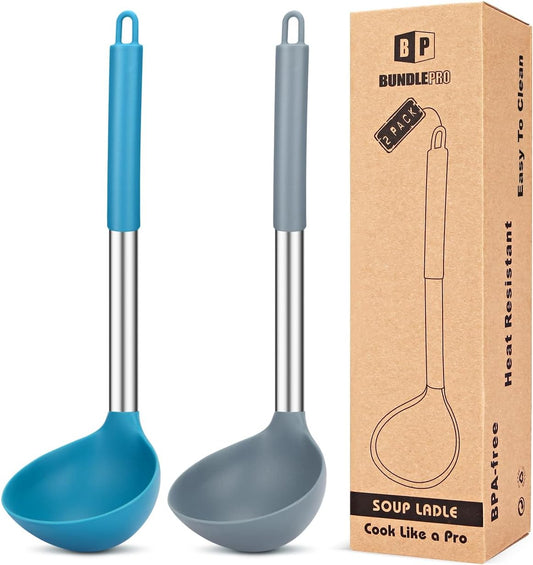 Pack of 2 Ladle Spoon,Silicone Large Spoon for Soup,Non Stick Kitchen Utensils with High Heat Resistant,Bpa Free Perfect Kitchen Tools for Cooking, Stirring,Serving Soups (GREY-BLUE)