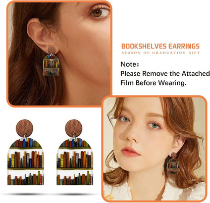Christmas Gifts Book Earrings for Women Handmade Acrylic Bookcase Dangle Earrings with Book for Book Lovers Gift Library Earrings as Teacher Earrings for Teacher Appreciation Gifts