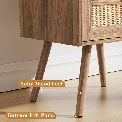 Walnut Nightstand with Integrated Charging Station and Rattan-Style Drawer, Solid Wood Legs, Open Storage Design for Bedroom, Living Room, and Dormitory