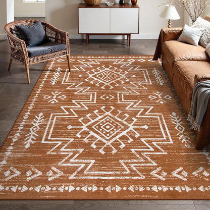 5X7 Boho Rugs for Living Room, Washable Bedroom Western Area Rug, Low Pile Soft Burnt Orange Carpet, Stain Resistant Distressed Fall Rug Aztec Carpets for Dining Room