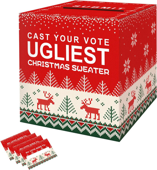 Ugly Sweater Contest Ballot Box, Voting Cards Box Set with 50 Voting Cards Sweater Contest Ballot Box for Christmas Games Party Decorations