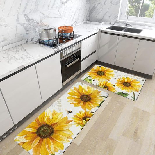Vintage Yellow Sunflower Kitchen Rugs Mats Set of 2 Non-Slip Anti-Fatigue Kitchen Floor Mat Classic Farmhouse Blooming Sunflowers 0.4 Inch Thick Kitchen Mat for Kitchen, 17.3X28+17.3X47 Inch