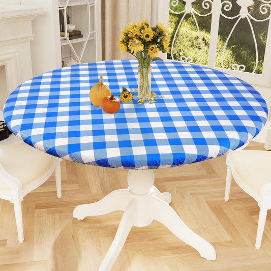 round Picnic Tablecloth, Elastic Waterproof Fitted Vinyl Tablecloths for 36"-44" Tables, Flannel Backed Buffalo Plaid Table Cover for Dining, Camping, Outdoor, White and Blue