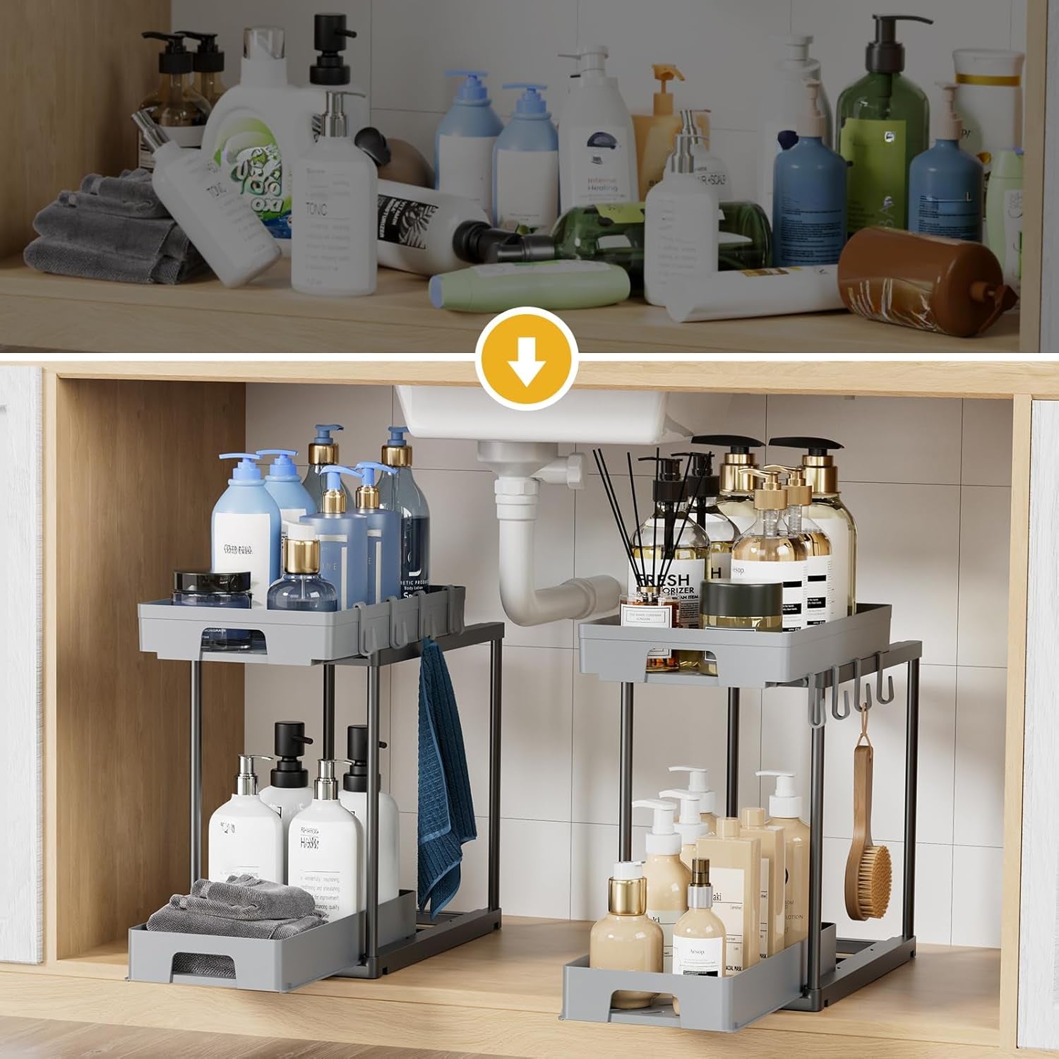 under Sink Organizers and Storage, 2 Pack Pull Out Kitchen Bathroom Cabinet Organizer, 2 Tier Grey under Sink Storage for Bathroom Kitchen