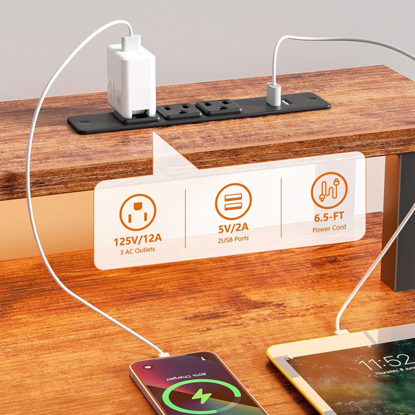 60" Computer Desk with 4 Drawers and Printer Space, Gaming Desk with LED Lights and USB Power Outlets, Office Desk with Fabric File Cabinet, Work Table with Shelf for Bedroom, Rustic Brown