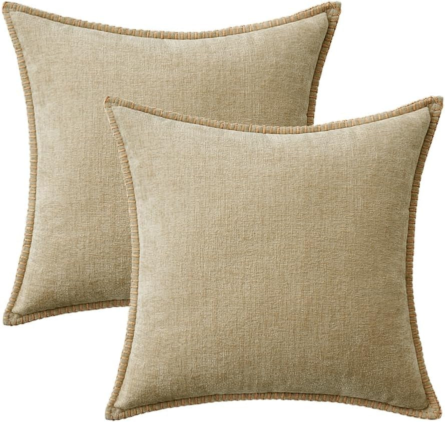 Pack of 2 Couch Throw Pillow Covers 18X18 Inch Beige Farmhouse Decorative Pillow Covers with Stitched Edge Soft Chenille Solid Dyed Spring Pillow Covers for Sofa Bed Living Room