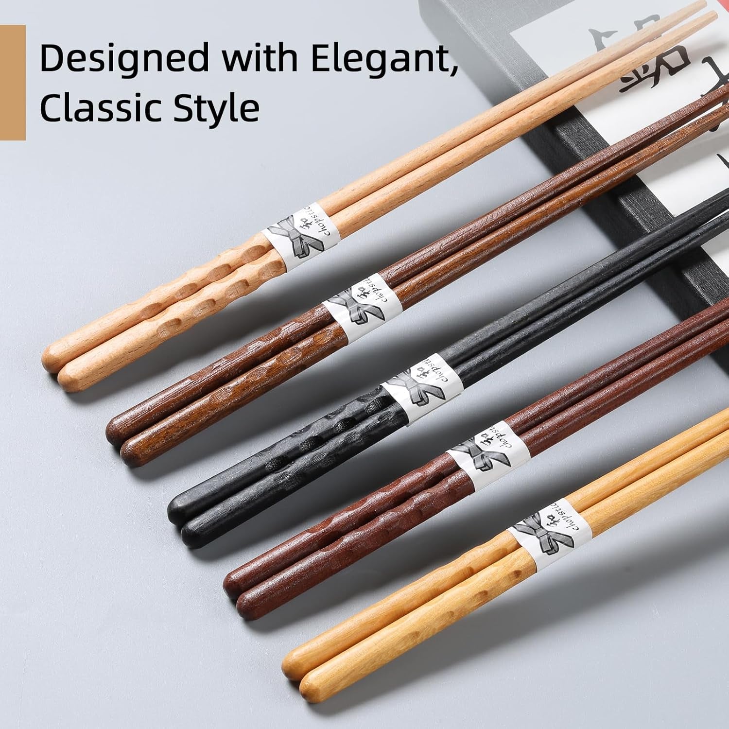 10 Pairs Reusable Wooden Chopsticks, Japanese Style Natural Wood Chopstick Classic Style Chop Stick 8.8 Inch