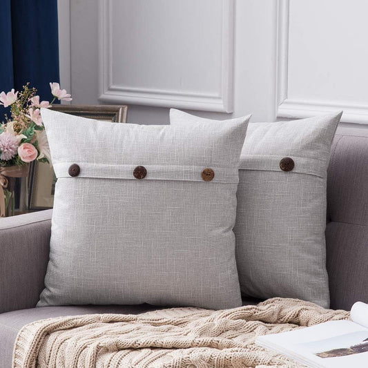 Set of 2 Decorative Linen Throw Pillow Covers Cushion Case Triple Button Vintage Farmhouse Pillowcase for Couch Sofa Bed 16 X 16 Inch Greyish White