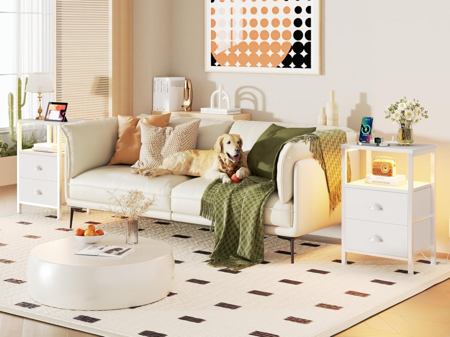 Nightstands Set of 2, End Tables Set of 2 with Charging Station and LED Lights, White Night Stands with 2 Fabric Drawers, Bedside Tables for Living Room/Bedroom