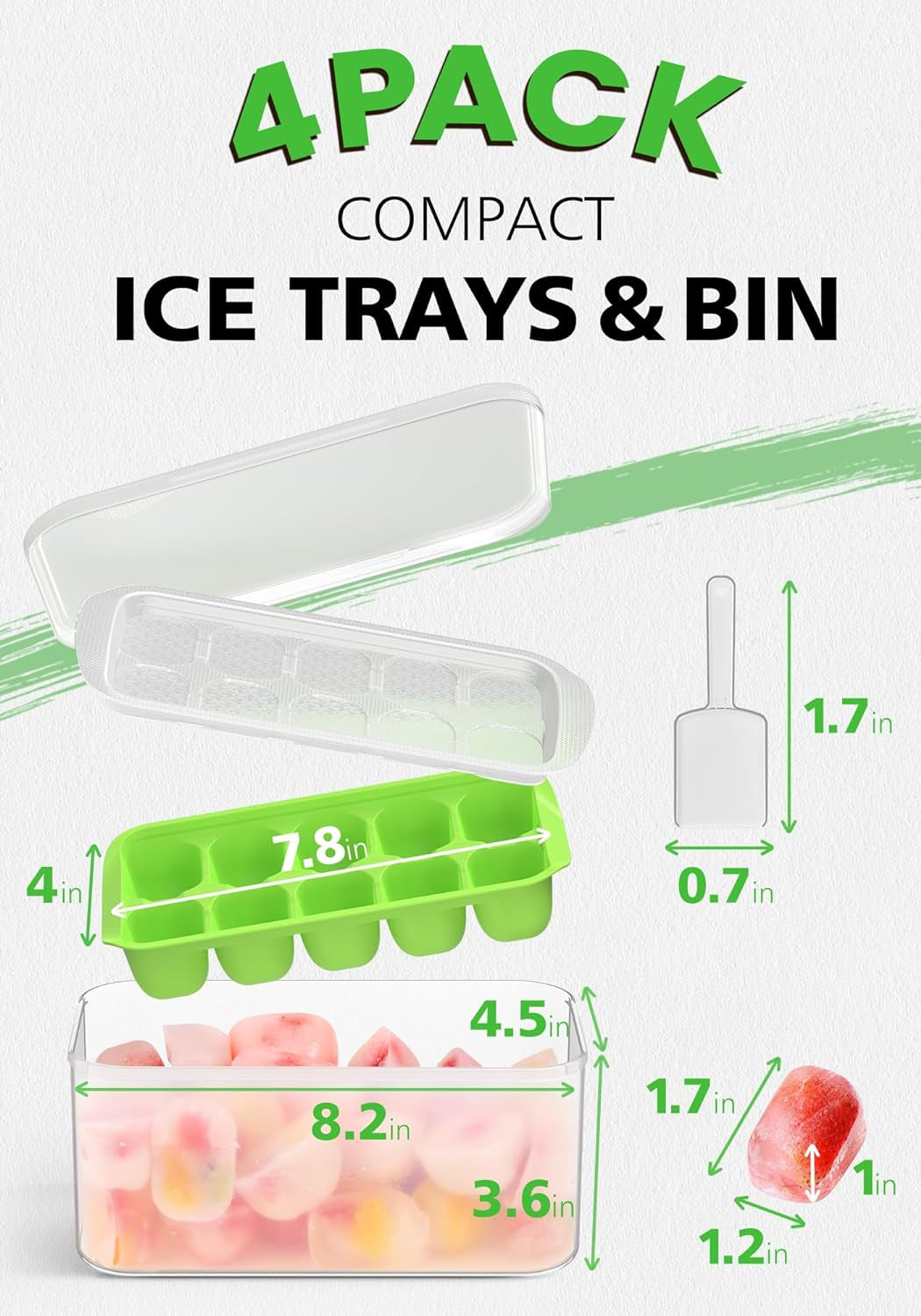 Ice Cube Tray with Lid and Bin, 4 Pack Easy Pop Out Silicone Ices Cubes Trays for Freezer with Cover, Stackable Compact Ice Bucket Kits, for Soup, Food, Cocktail, Coffee