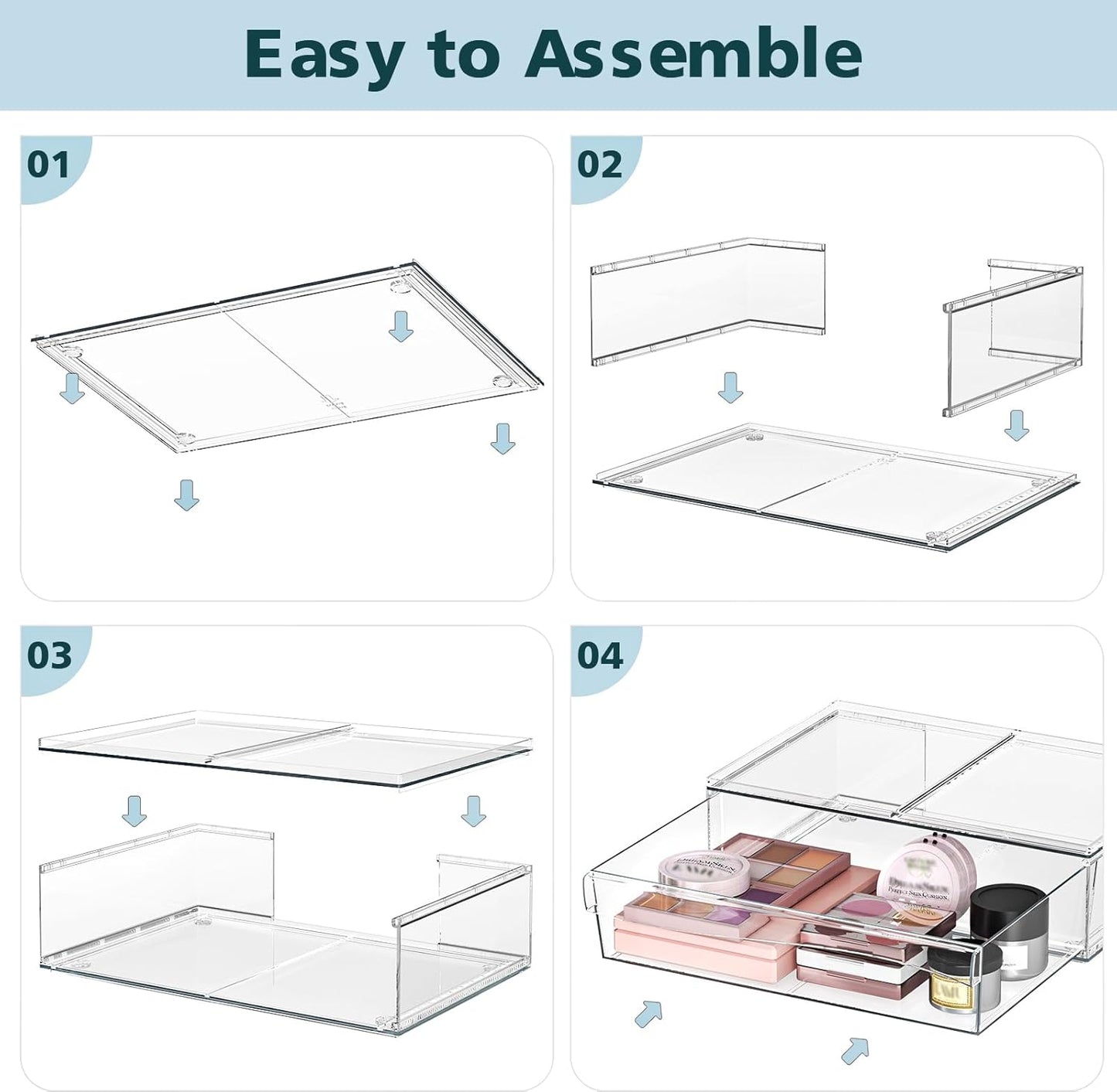 Acrylic Stackable Storage Drawers, 3.5'' Non-Slip Bathroom Makeup Organizer Countertop, Clear Drawer Organizers for Vanity, Bathroom, Office, Undersink, Kitchen, Pantry, Cabinet, 2 Pack