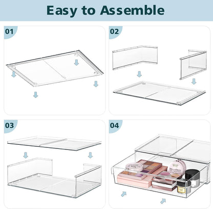 Acrylic Stackable Storage Drawers, 3.5'' Non-Slip Bathroom Makeup Organizer Countertop, Clear Drawer Organizers for Vanity, Bathroom, Office, Undersink, Kitchen, Pantry, Cabinet, 2 Pack