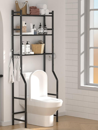 3-Tier Over-the-Toilet Storage Shelves, Freestanding Metal Bathroom Organizer with 4 Hooks, Black