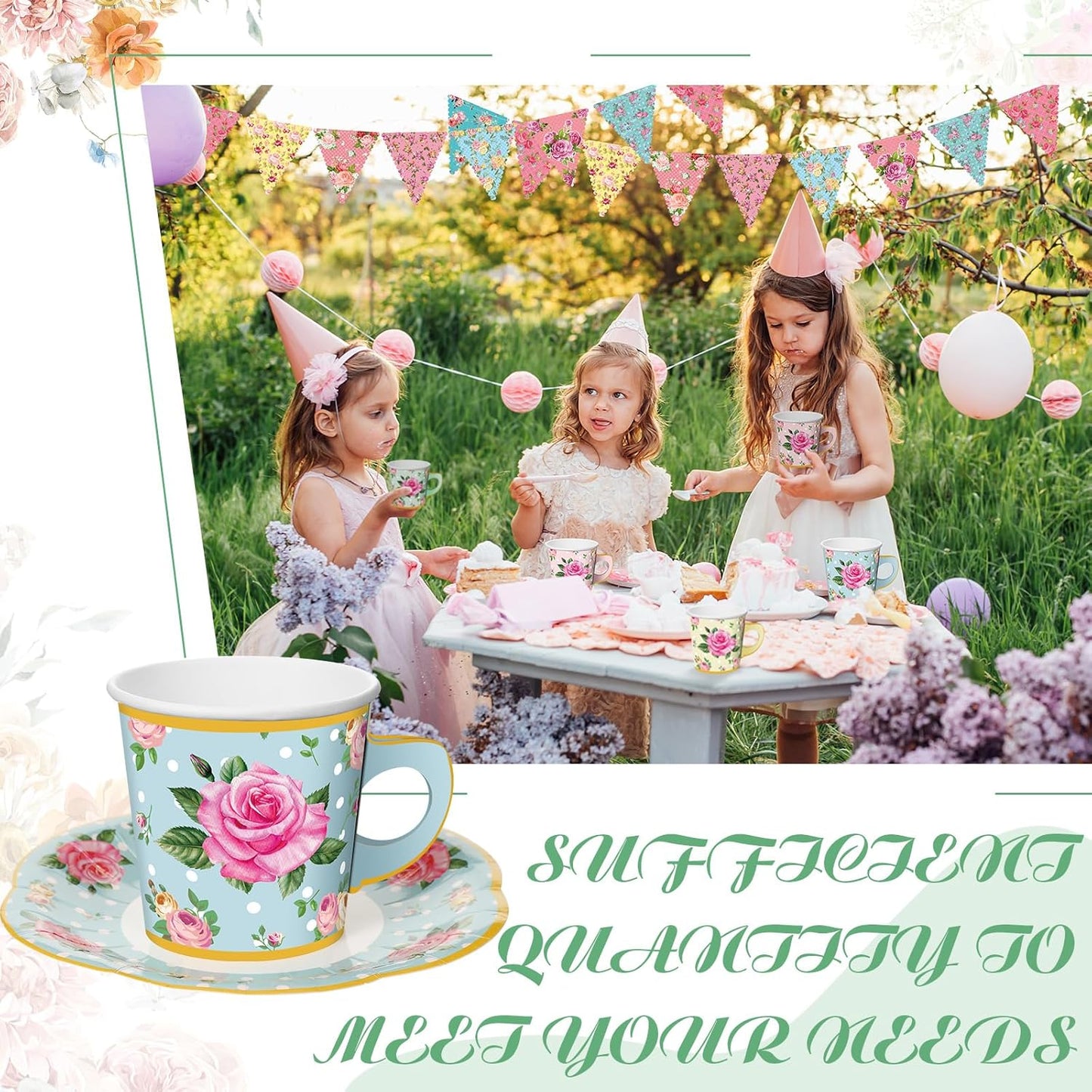 98-Piece Floral Tea Party Decoration Set: 26 Ft Bunting, 6.5 Oz Disposable Coffee Cups with Handles and Saucers, Ideal for Weddings and Birthdays (Classic)