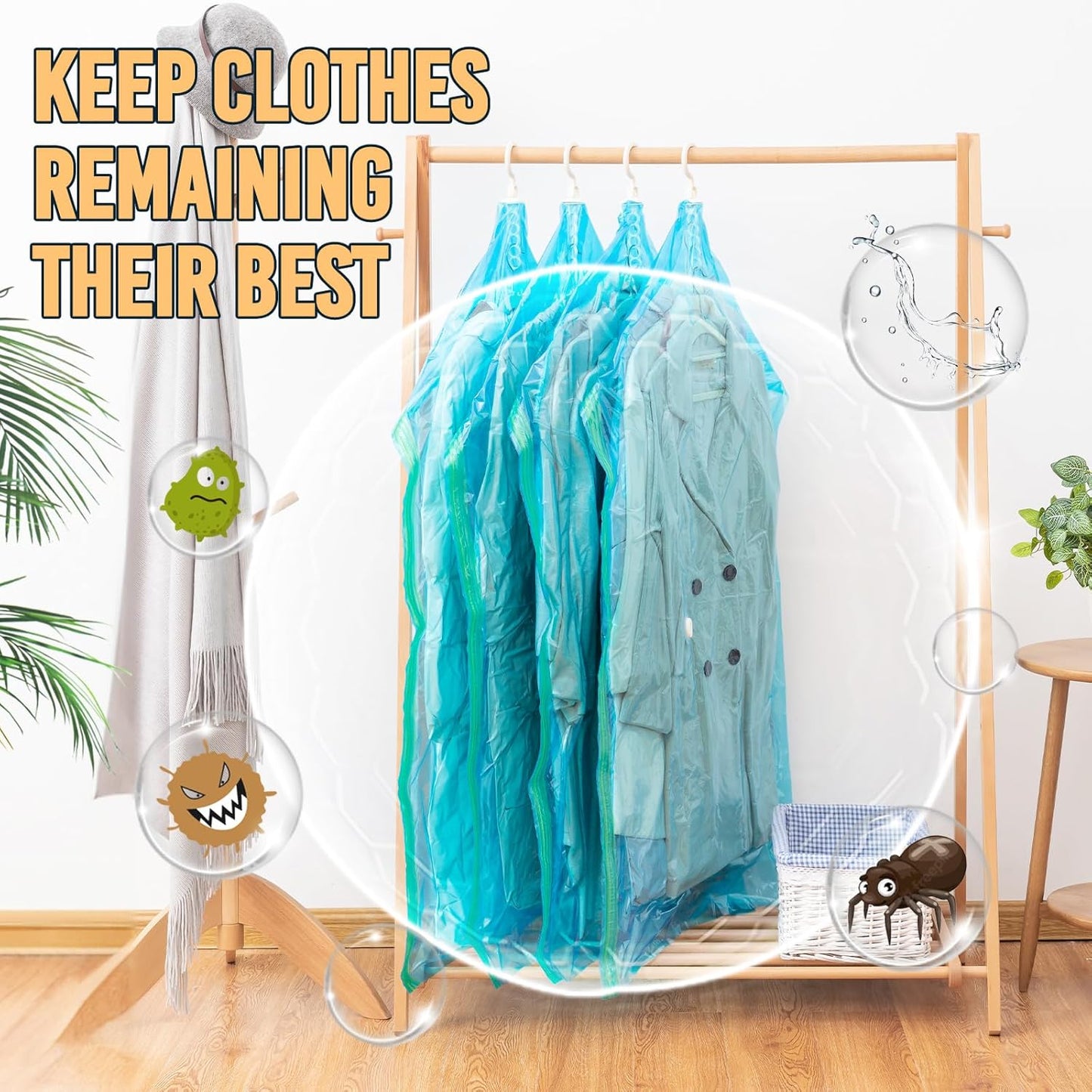 Hanging Vacuum Storage Sealer Space Saver Bags for Clothes, Coat, Closet Organizers, 4 Pack (2 Long, 2 Short) Blue