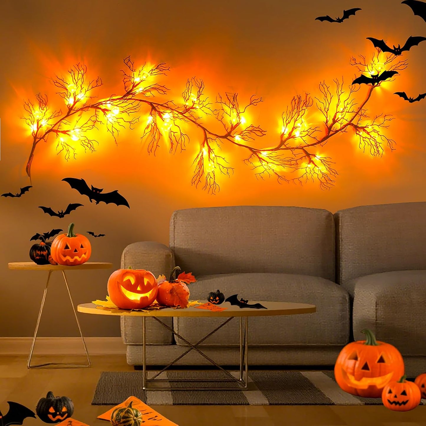 Halloween Garland with Lights Decorations with Pumpkin Lights,Battery Operated 6FT 47 LED Halloween Willow Vine Twig Garland for Mantle,Wall,Fireplace and Halloween Decorations